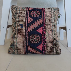 Colorful Turkish Patchwork rug pillow , 16&#39;&#39;x16&#39;&#39; sofa pillow , ottoman vintage pillow , bed pillow,handknotted decorative pillow