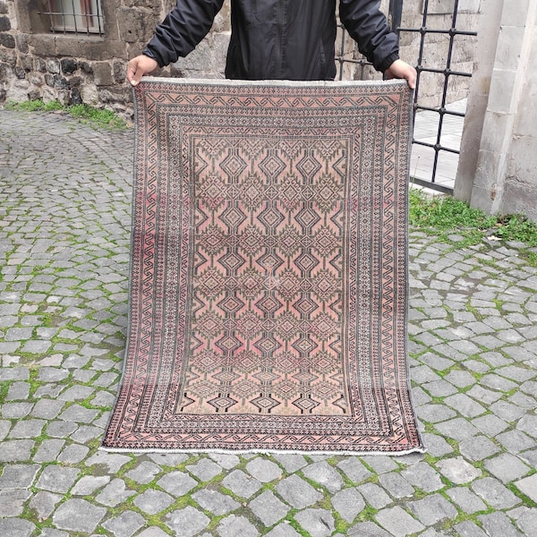 So soft touch Best quality Afghan Balouch Rug 3.28'' x 4.79'' Neutral Area rug,boho rug, 3x5 Kitchen Rug,handmade aztec rug,vintage rug