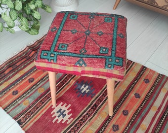 Vintage Kilim Rug Stool: Turquoise Colorful Ottoman, Handmade Furniture