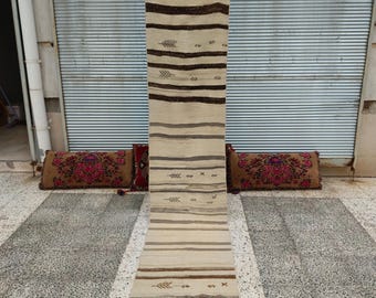Neutral Kilim Runner Rug: 2x9 Beige & Brown grey Turkish Hallway Carpet Designer rug
