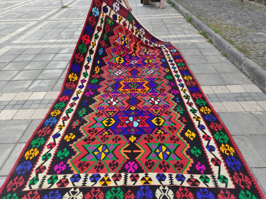 7x13 King Size Vintage Kilim Rug: 7.02x12.57, Turkish Boho Aztec