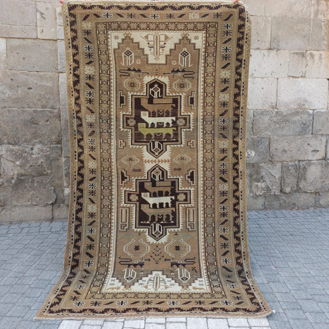 Special Woven Vintage Turkish Kars Rug 4x7: 3.74' X 6.69' Rare Animals ...