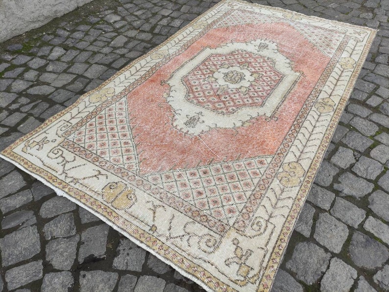 Muted Red,Beige,Caramel Area Rug,Oushak rug 3.94/'/'x 6.86/'/' boho handmade 4x7 distressed rug,aztec rug,anatolian rug,vintage rug,kitchenrug