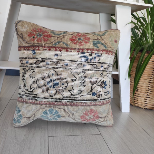 Floral and neutral Handmade patchwork Rug pillow 16'' x 16'' throw pillow , designer ethnic pillow, boho turkish pillowcase,outdoor pillow