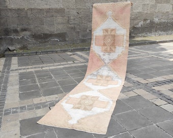 3x12 Long Neutral rug, Corridor rug , Muted very Long Vintage Runner Rug, Faded Rug 3.05&#39;&#39; x 12.4&#39;&#39; Pale rug , handmade rug , Anatolian rug.
