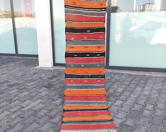 Vintage Turkish Kitchen Kilim Rug: 2x8 Colorful Hallway Runner, Ethnic Aztec Design