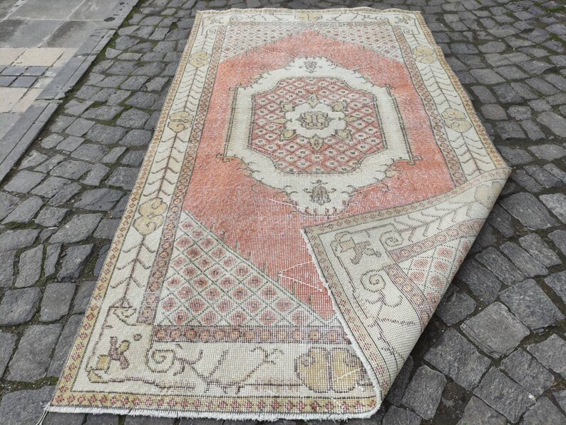 Muted Red,Beige,Caramel Area Rug,Oushak rug 3.94/'/'x 6.86/'/' boho handmade 4x7 distressed rug,aztec rug,anatolian rug,vintage rug,kitchenrug