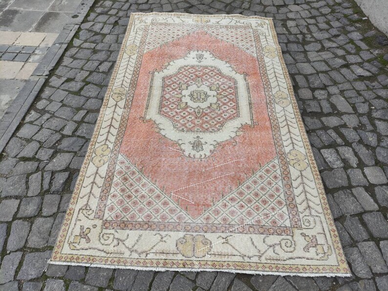 Muted Red,Beige,Caramel Area Rug,Oushak rug 3.94/'/'x 6.86/'/' boho handmade 4x7 distressed rug,aztec rug,anatolian rug,vintage rug,kitchenrug