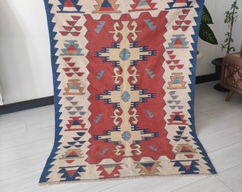 4x6 Vintage Turkish Kilim Rug: 3.81 x 5.18 Boho Area Rug