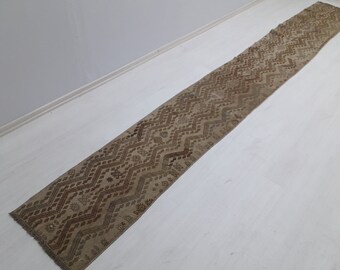 May include: A long, beige runner rug with a brown geometric pattern. The rug has a fringe on both ends.
