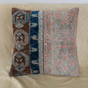 Rare colors Patchwork pillow , 16''x16'' rug pillow , Turkish vintage pillow , pastel and neutral bed pillow,handknotted decorative pillow