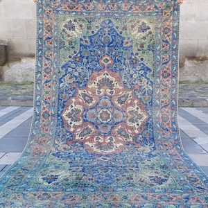 Antico tappeto turco Urgup, tappeto vintage 5x7, 4,59'' x 7,45'' blu, tappeto colorato, tappeto da cucina, tappeto boho, vecchio tappeto fatto a mano