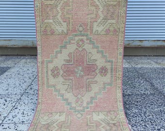 Pastel Ensuite bathroom rug , Turkish door mat old rug , 1.51 x 3.05 bath mat , muted 2x3 small rug, handmade floor rug