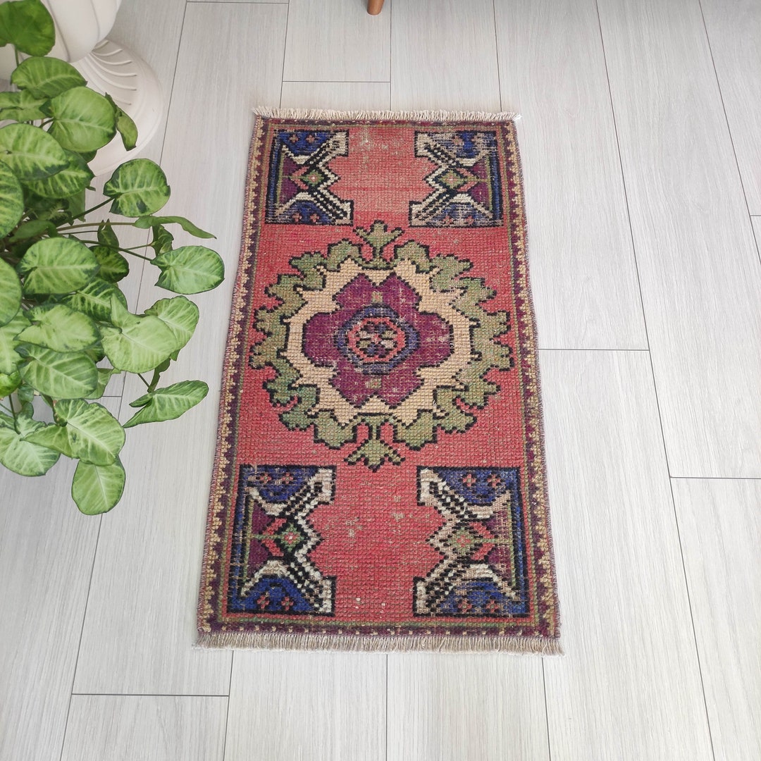 Colorful Old Rug Light Red , Colorful Old Rug , Turkish Door Mat , Boho Rug , 1.51'' X 2 ...