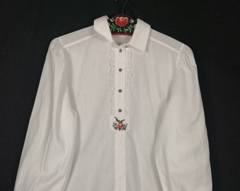 white traditional folklore blouse with embroidery, vintage Austrian blouse, long sleeves, cottage core, embroidered with a bird