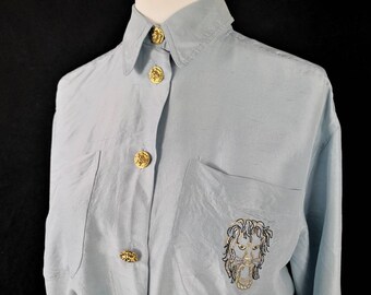 VTG 80s gold button up long sleeve button up shirt leopard Maggy London 14 silk safari animal print