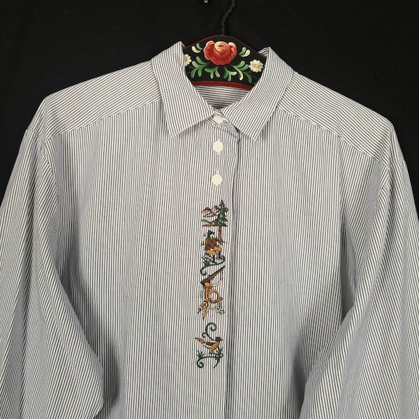 Embroidered blouse, white gray striped vintage Austrian traditional blouse, long sleeves, with rural motif embroidery on the lapel, size. 42