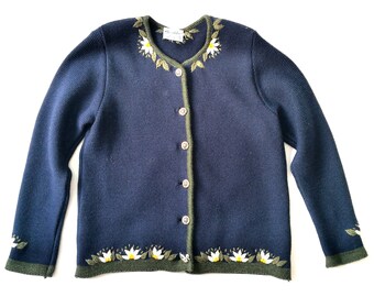 cardigan folklorique autrichien vintage bleu, veste traditionnelle, brodée de fleurs, taille. L