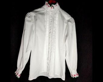 witte vintage boho hippieblouse met lange mouwen en roodgroene bloemen geborduurd op de kraag, cottage core blouse voor dames, M