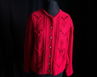 Vintage cardigan, traditional cardigan, Austrian cardigan, traditional jacket red, with pompom popcorn pattern, cottagecore cardigan, XL