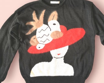 black Malina Wong vintage knit sweater with elegant lady, size 40