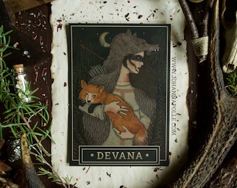DEVANA A5 Art Print | Slavic Goddess | Folklore | Pagan Art | Dziewanna | Magick Decor | Wicca | Witchy | Huntress | Nature Deity | Russian