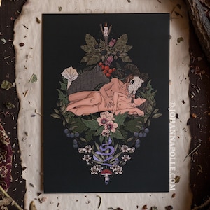 May include: A black and white illustration depicting a couple embracing in a woodland scene. The woman is lying down with her head resting on the man's chest. The man has a skull for a head and is holding the woman's hand. The couple are surrounded by flowers, leaves, and a snake.