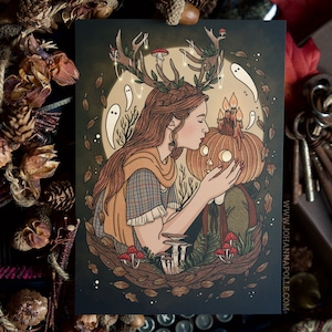 PUMPKIN KISS A5 Art Print | Autumn Art | Faeries | Cottagecore | Folklore | Magick | Country Witch | Aesthetic | Halloween | Fall Season