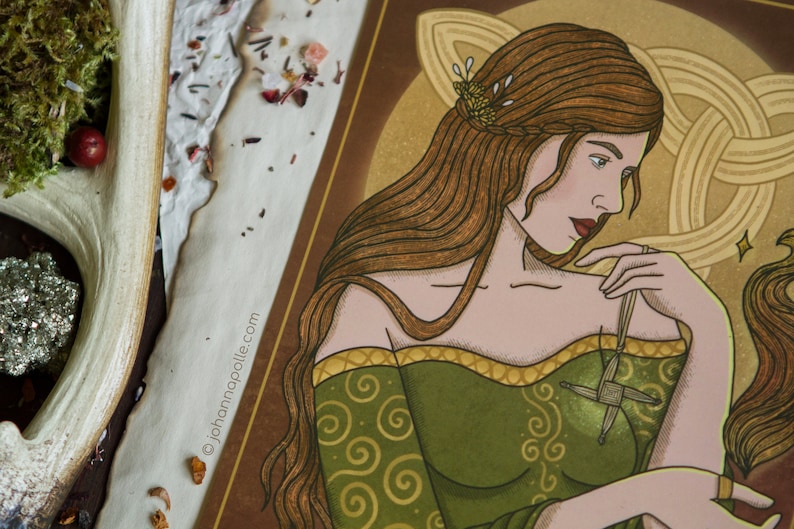 May include: A digital illustration of a woman with long brown hair wearing a green dress with gold trim. She is holding a woven cross in her hand. The background is a gold Celtic knot design.