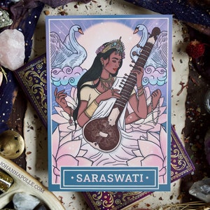 SARASWATI A5 Art Print | Pagan | Hindu Goddess | Prayer Card | Indian | Witchcraft | Tridevi | Saraswati Maa | Grimoire | Book of Shadows
