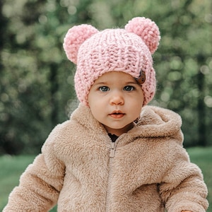 Double Pompom Hat Knitting Pattern Chunky Knit Winter Toque Pom Pom Thick Wool Ease Thick and Quick Newborn Baby Toddler Child