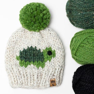 May include: A white knitted hat with a green pom-pom and a green turtle design. The hat is surrounded by balls of yarn in green and black.