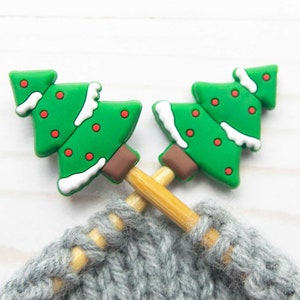 Snowy Christmas Tree Stitch Stoppers Knitting Needle Holidays Notions Bag Holders Accessories Tools Keeper Hugger Supplies Point Protectors