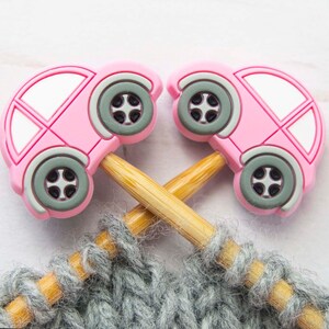 VW Bug Pink Car Stitch Stoppers Beetle Knitting Needle Holders Wool Notions Tools Keeper Hugger Supplies Silicone Point Protectors Bag