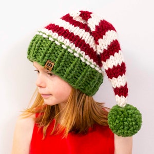Elf Hat Knitting Pattern Stocking Cap Santa Classic Christmas Sleeper Knit Pompom Winter Thick Newborn Baby Toddler Child Women Men easy