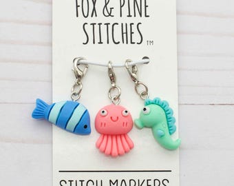 Sea Life Progress Keepers Set of 3 Knitting Crochet Fish Octopus Seahorse Notions Stitch Markers Knit Pattern Tools Accessories Summer Beach