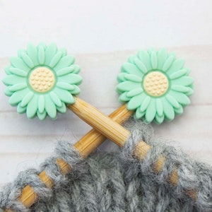 Mint Green Daisy Stitch Stoppers Knitting Needle Holders Flower Sunflower Notions Accessories Keeper Hugger Supplies Point Protectors