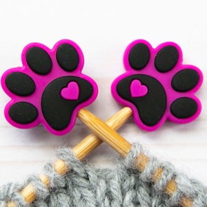 Pink Dog Paw Print Knitting Needle Point Protectors Stitch Stoppers Holders Notions Accessories Tools Keeper Hugger Supplies Silicone