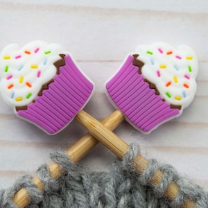 Purple Cupcake Stitch Stoppers Knitting Needle Birthday Point Protectors Holders Notions Accessories Tools Keeper Hugger Supplies Silicone