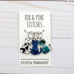 Cat Stitch Markers Set of 3 Blue Black Glass Knitting Closed Ring Notions Stitch Stoppers Knit Pattern Tools Accessories Progress Keepers