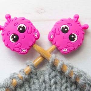 Pink Monster Knitting Needle Point Protectors Stitch Stoppers Holders Notions Accessories Tools Keeper Hugger Supplies Silicone Bag Storage