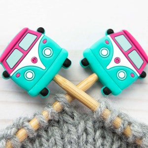 Teal VW Van Stitch Stoppers Knitting Needle Point Protectors Holders Notions Accessories Tools Keeper Hugger Supplies Silicone