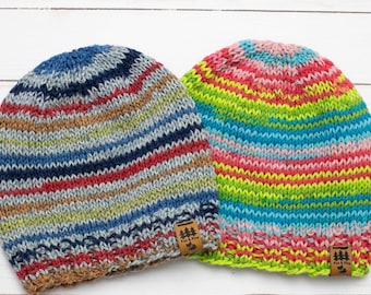 Self Striping Patons Kroy Sock Yarn Hat Knitting Pattern Knit Winter Beanie Toque Bright Fun Knit Knitted Baby Toddler Child Women Men