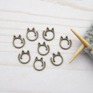 Antique Gold Cat Stitch Markers Holders Notions Metal Ears Split Ring Knitting Needle Set of 8 Accessories Tools Keeper Supplies