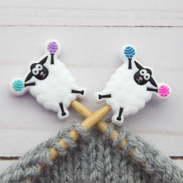 Cheerful White Sheep Stitch Stoppers Knitting EXCLUSIVE Needle Holders Wool Notions Accessories Tools Supplies Silicone Point Protectors