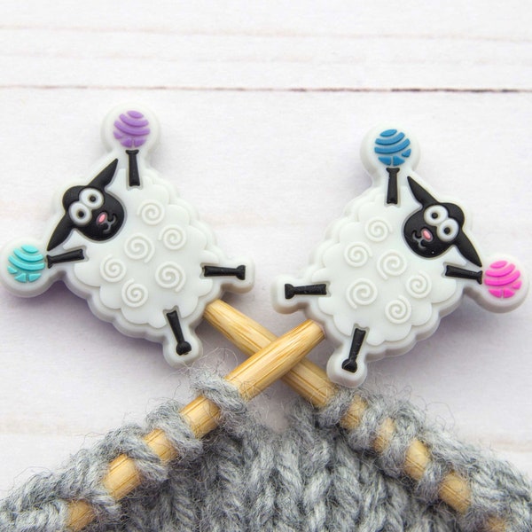 Cheerful Grey Sheep Stitch Stoppers Knitting EXCLUSIVE Needle Holders Wool Notions Accessories Tools Supplies Silicone Point Protectors