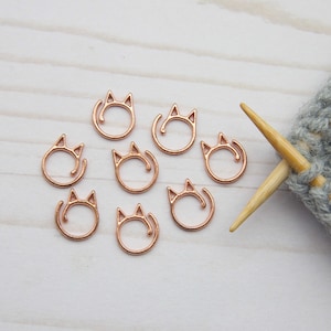 Rose Gold Cat Stitch Markers Holders Notions Metal Ears Split Ring Knitting Needle Set of 8 Accessories Tools Keeper Supplies
