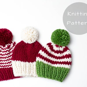 Christmas Hat Knitting Pattern Santa Stripes Candy Cane Knit Pompom Winter Toque Thick Photo Prop Newborn Baby Toddler Child Women All Sizes