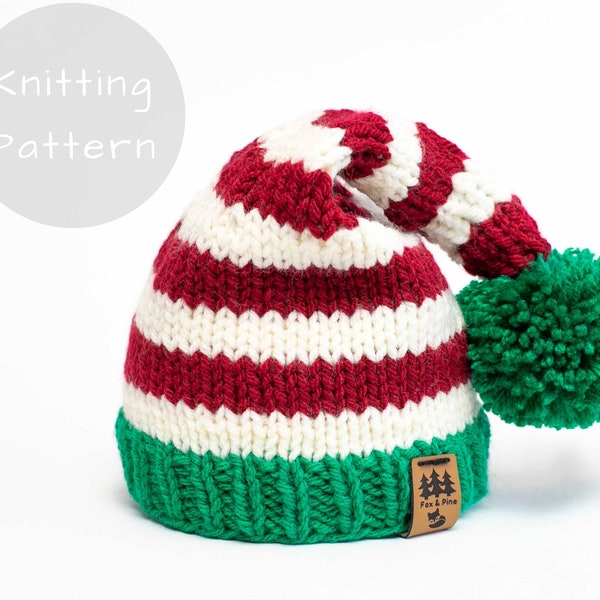 Christmas Elf Hat Knitting Pattern Santa Stocking Cap Medium Weight Knit Winter Beanie Toque Baby Toddler Child Women Men Worsted Thin
