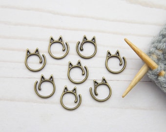 Antique Gold Cat Stitch Markers Holders Notions Metal Ears Split Ring Knitting Needle Set of 8 Accessories Tools Keeper Supplies